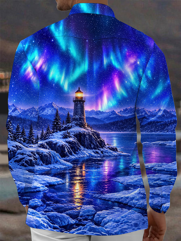 Adaychic Men's Printed Aurora Borealis And Lighthouse Print Long Sleeve Shirt with Chest Pocket