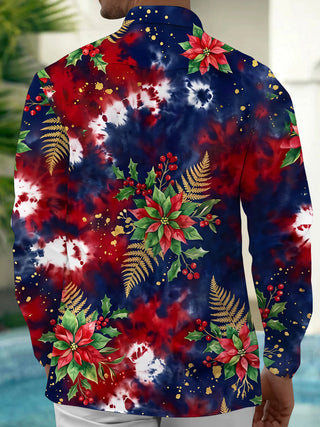 Adaychic Men's Long Sleeve Shirt - Christmas Poinsettia And Holly With Gold Ferns Print with Chest Pocket