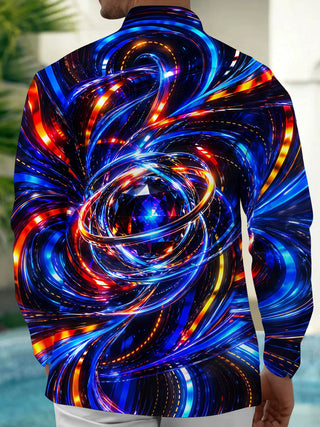 Adaychic Men's Abstract Neon Swirls And Geometric Gem Print Long Sleeve Shirt with Chest Pocket