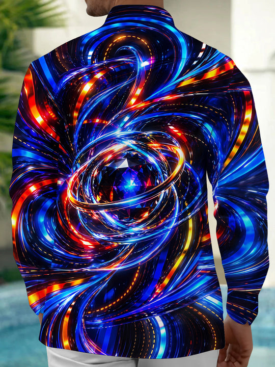 Adaychic Men's Abstract Neon Swirls And Geometric Gem Print Long Sleeve Shirt with Chest Pocket