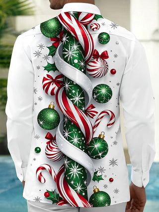 Adaychic Men's Printed Christmas Ornaments Print Long Sleeve Shirt with Chest Pocket