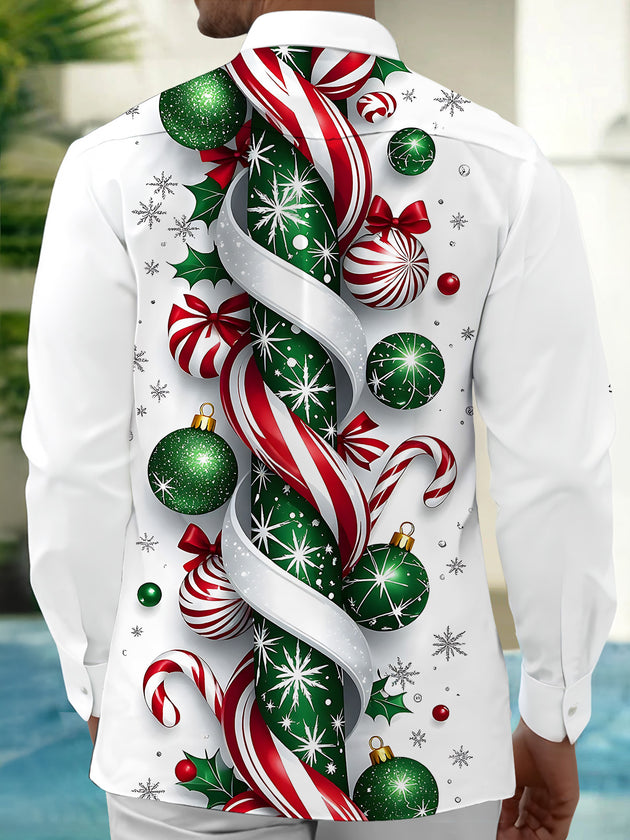Adaychic Men's Printed Christmas Ornaments Print Long Sleeve Shirt with Chest Pocket