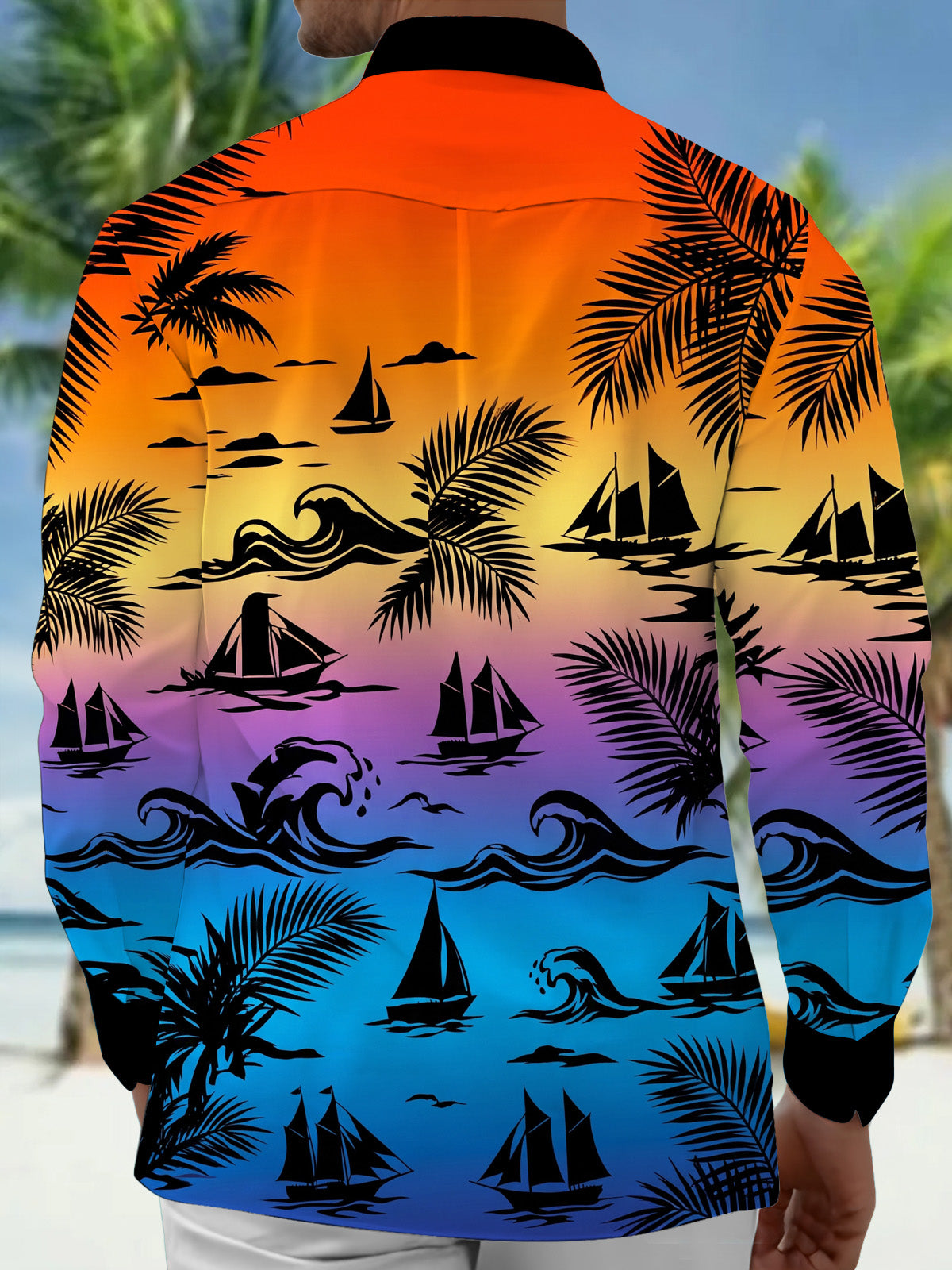 Adaychic Men's Short Sleeve Shirt - Tropical Sunset Sailboats And Palm Leaves Print with Chest Pocket