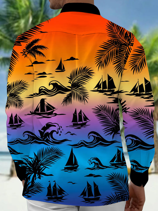 Adaychic Men's Short Sleeve Shirt - Tropical Sunset Sailboats And Palm Leaves Print with Chest Pocket