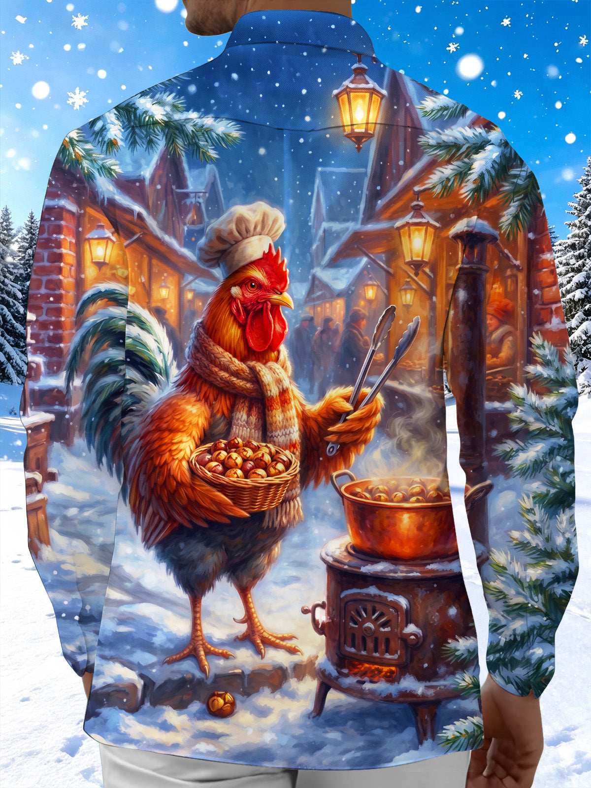 Adaychic Men's Graphic Rooster Chef Cooking Chestnuts Print Long Sleeve Shirt with Chest Pocket
