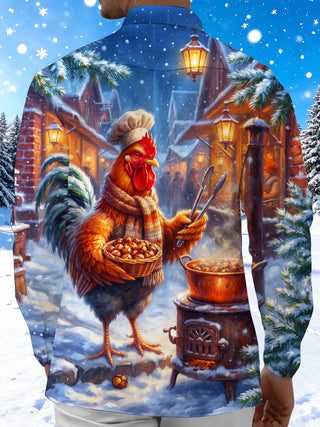 Adaychic Men's Graphic Rooster Chef Cooking Chestnuts Print Long Sleeve Shirt with Chest Pocket
