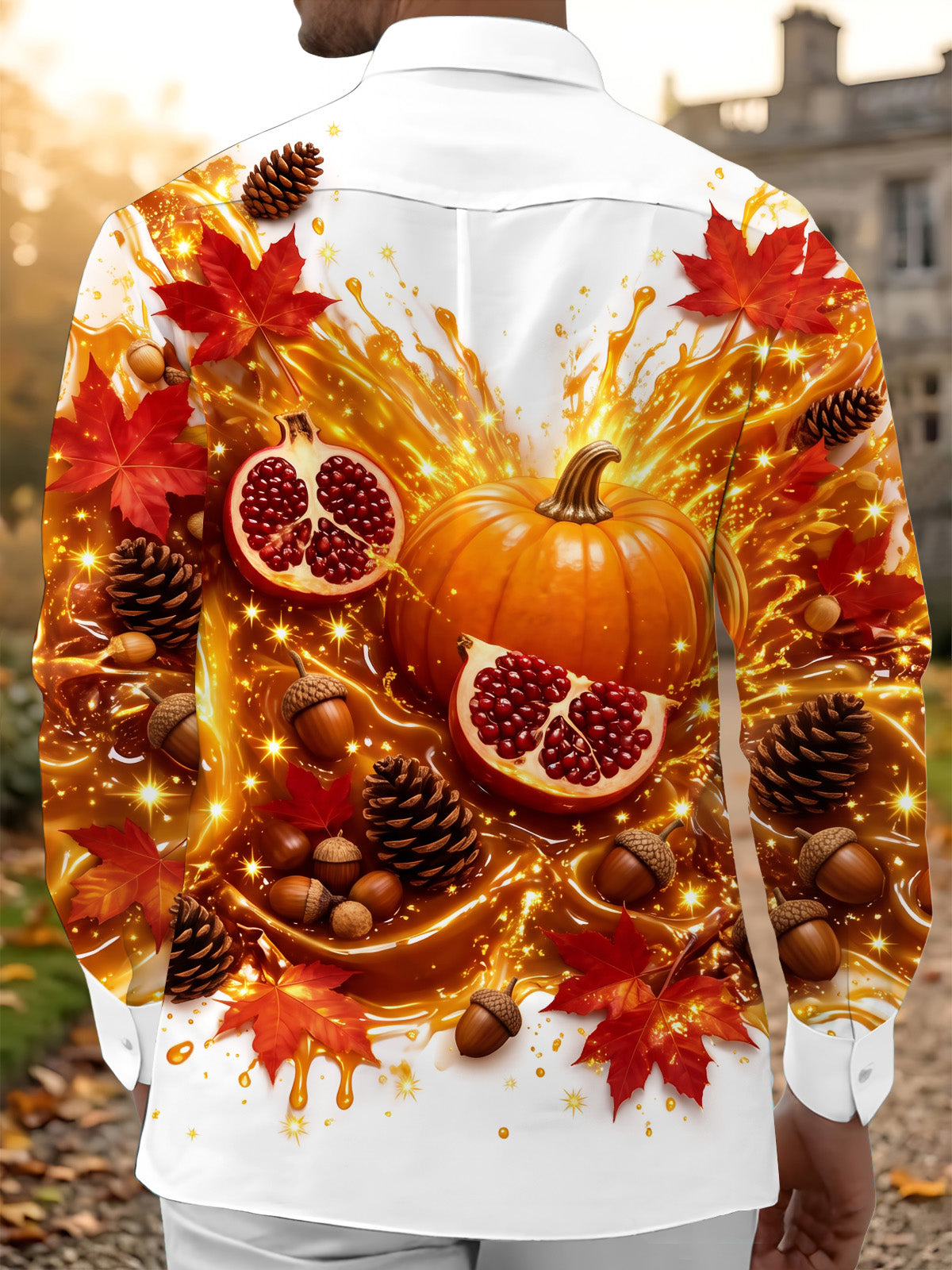 Adaychic Men's Printed Autumn Pumpkin And Pomegranate Print Long Sleeve Shirt with Chest Pocket