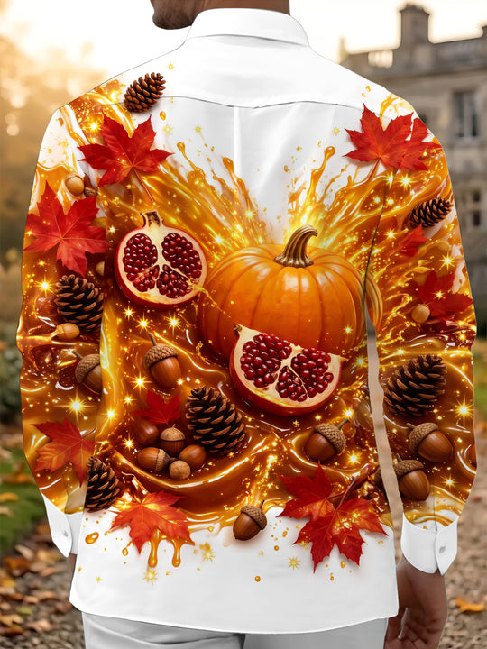 Adaychic Men's Printed Autumn Pumpkin And Pomegranate Print Long Sleeve Shirt with Chest Pocket