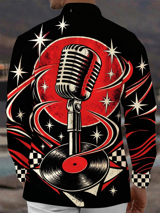 Adaychic Men's Vintage Microphone And Vinyl Records Print Long Sleeve Shirt with Chest Pocket