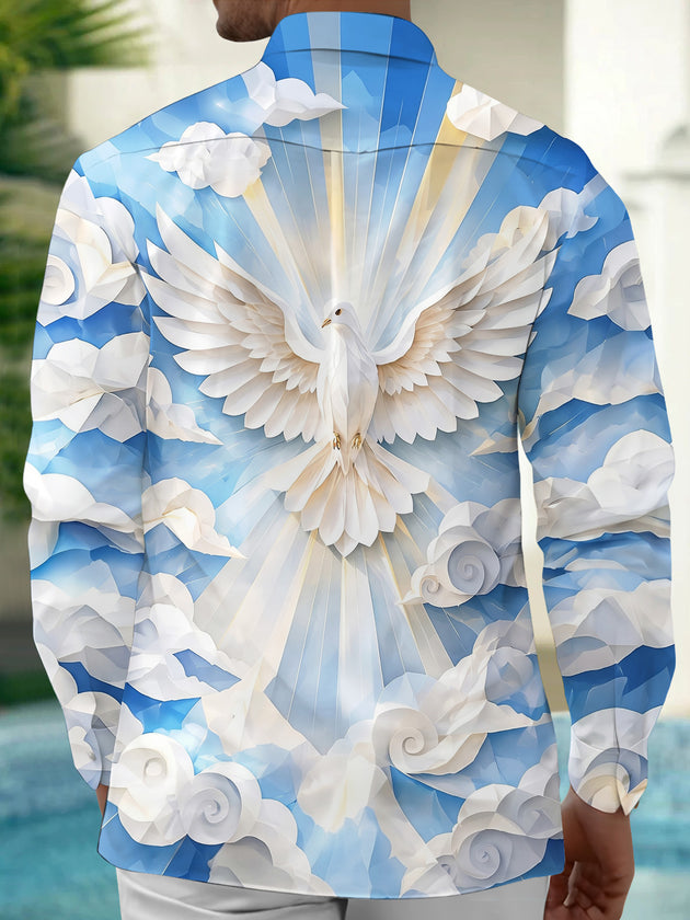 Adaychic Men's Printed White Dove And Clouds Print Long Sleeve Shirt with Chest Pocket