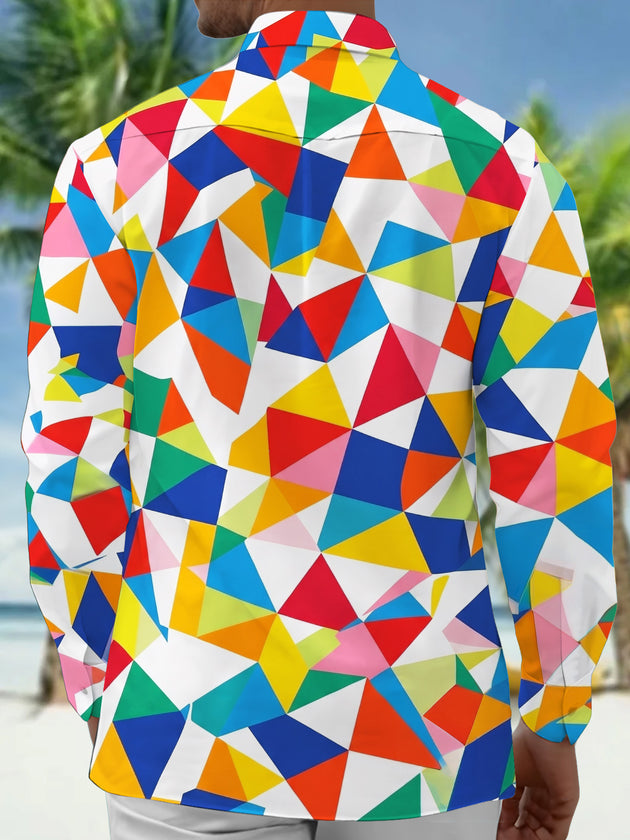 Adaychic Men's Printed Colorful Geometric Triangles Print Long Sleeve Shirt with Chest Pocket