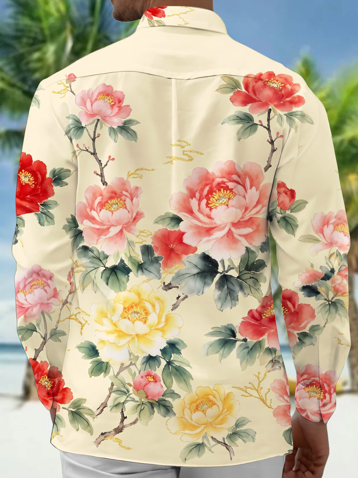 Adaychic Men's Floral Floral Print Large Flowers Print Long Sleeve Shirt with Chest Pocket