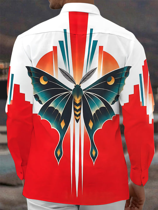 Adaychic Men's Luna Moth With Geometric Sun And Stripes Print Long Sleeve Shirt with Chest Pocket