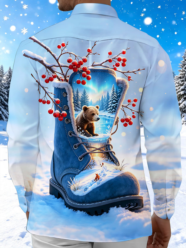 Adaychic Men's Graphic Winter Snow Scene Print Long Sleeve Shirt with Chest Pocket