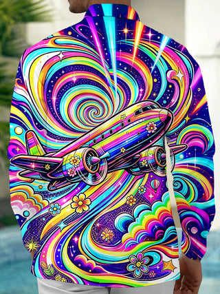 Adaychic Men's Graphic Rainbow Airplane Print Swirl Pattern Long Sleeve Shirt with Chest Pocket