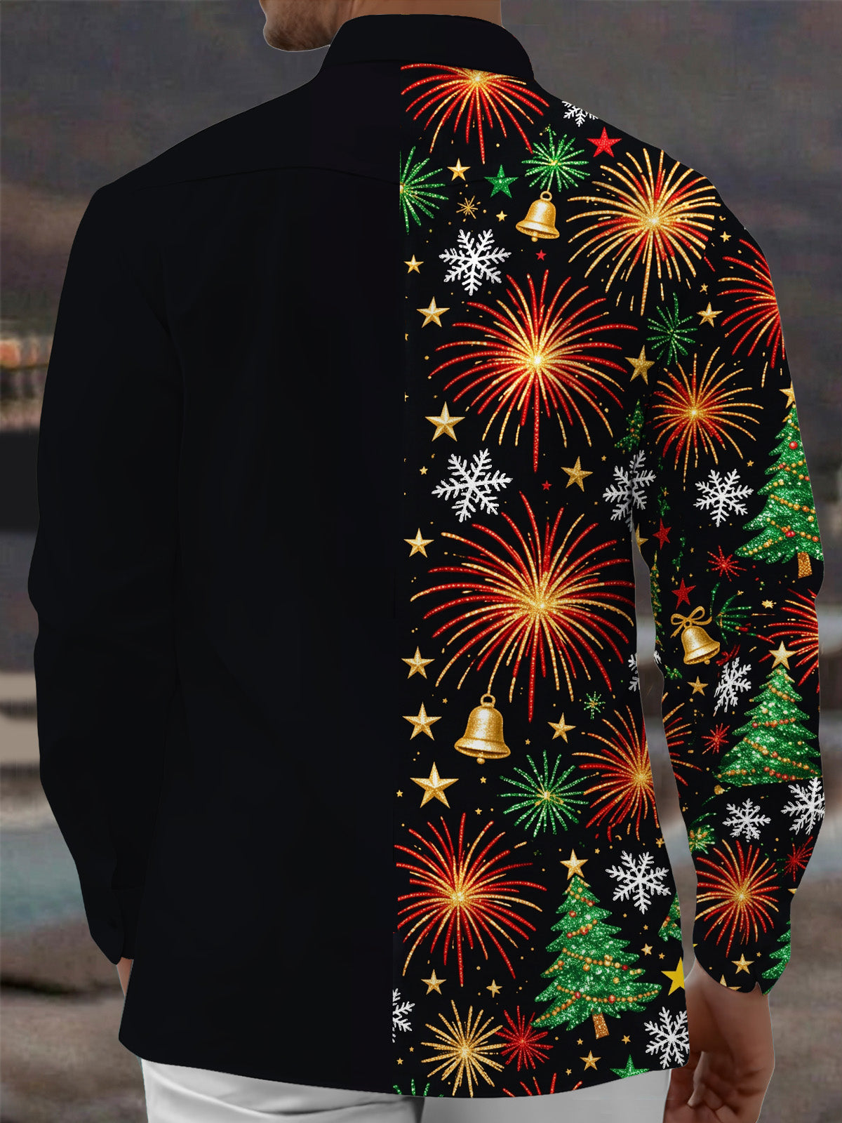 Adaychic Men's Christmas Fireworks And Christmas Trees Print Long Sleeve Shirt with Chest Pocket