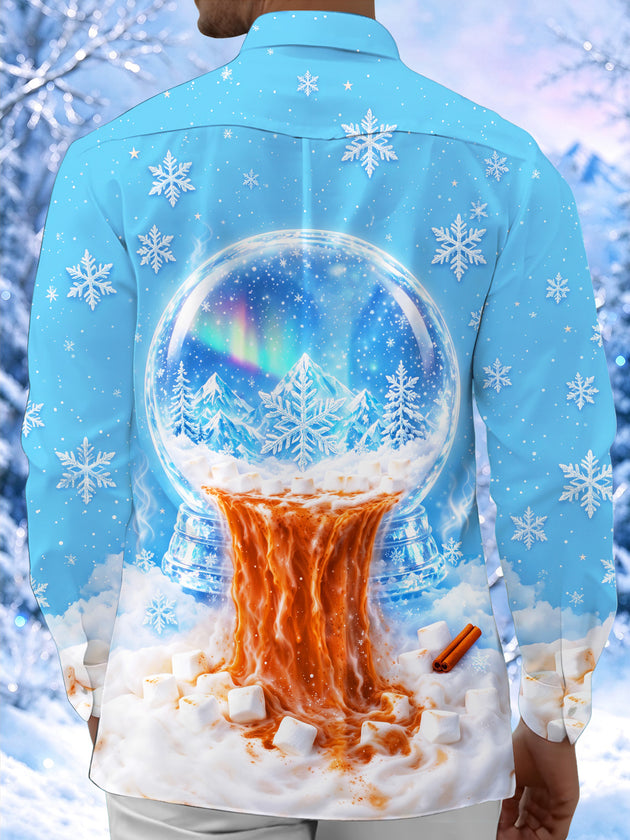 Adaychic Men's Long Sleeve Shirt - Snow Globe With Hot Cocoa And Marshmallows Print with Chest Pocket