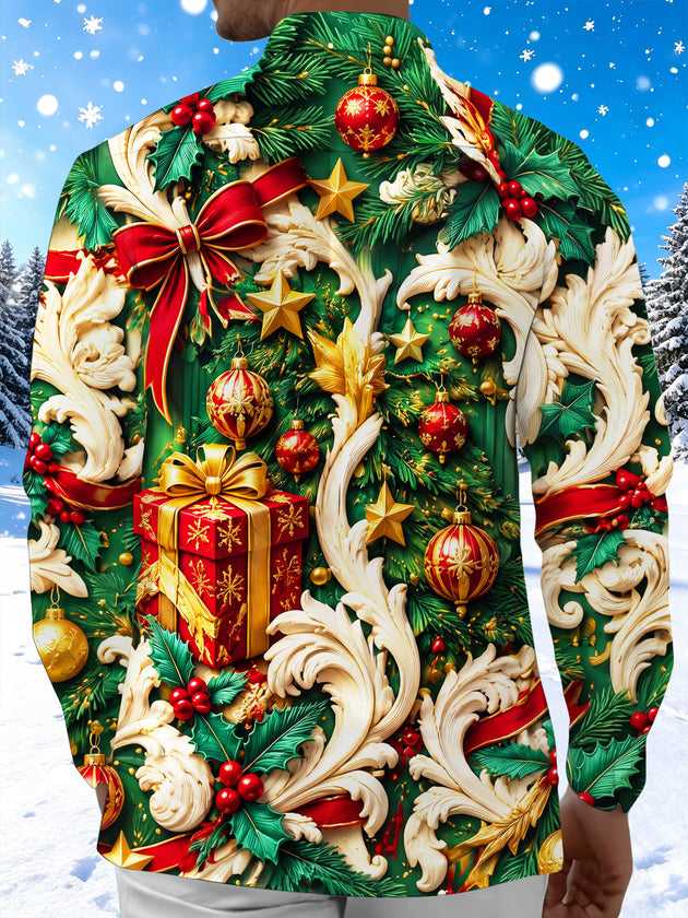 Adaychic Men's Long Sleeve Shirt - Christmas Ornaments Gifts And Baroque Scrollwork Print with Chest Pocket
