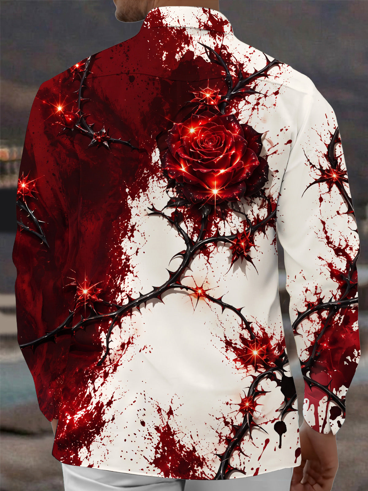 Adaychic Men's Printed Red Rose And Black Thorns Print Long Sleeve Shirt with Chest Pocket