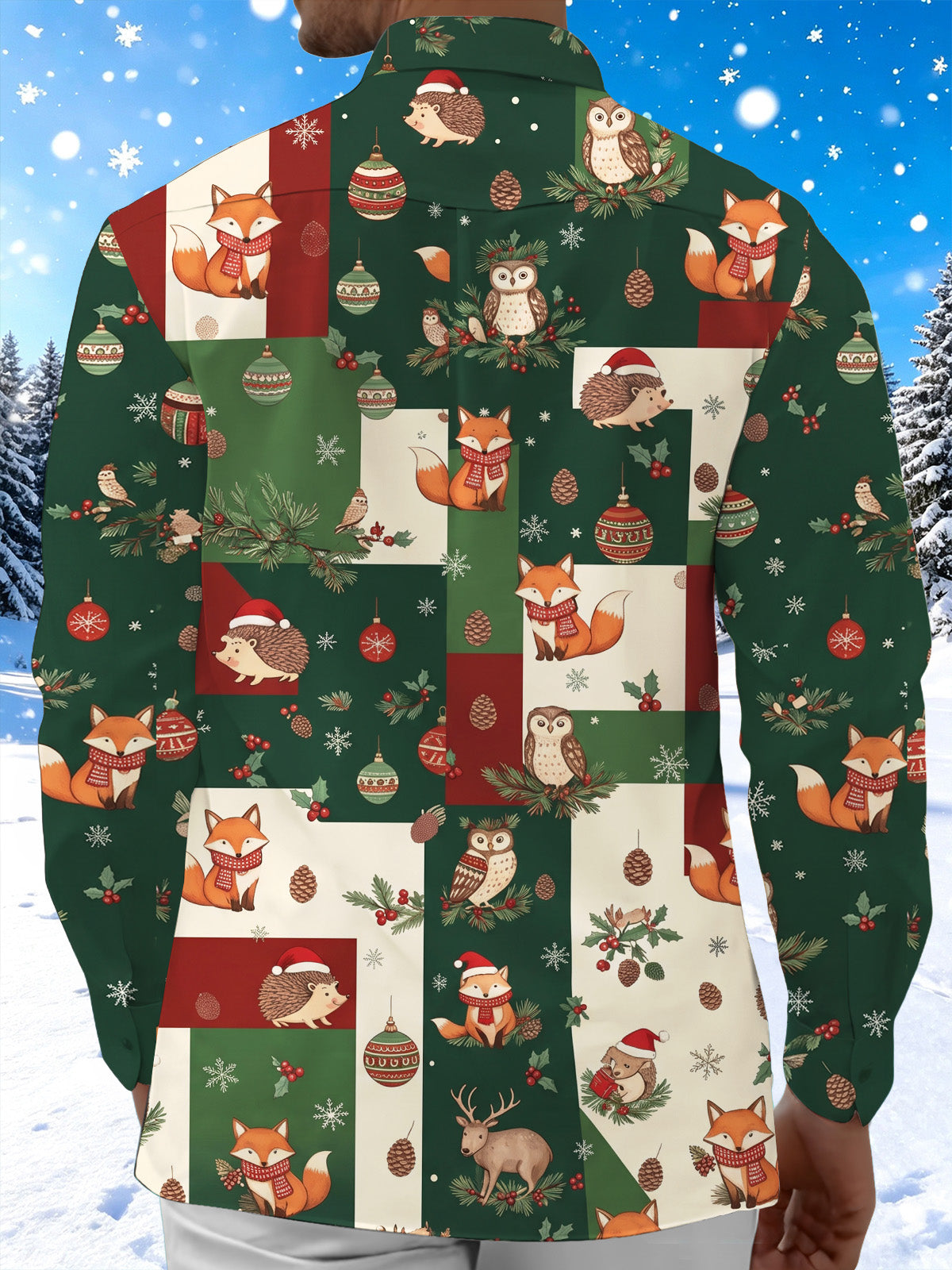 Adaychic Men's Forest Animals And Christmas Ornaments Print Long Sleeve Shirt with Chest Pocket