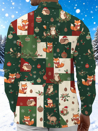 Adaychic Men's Forest Animals And Christmas Ornaments Print Long Sleeve Shirt with Chest Pocket