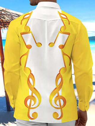 Adaychic Men's Graphic Musical Notes Print Treble Clef Print Long Sleeve Shirt with Chest Pocket