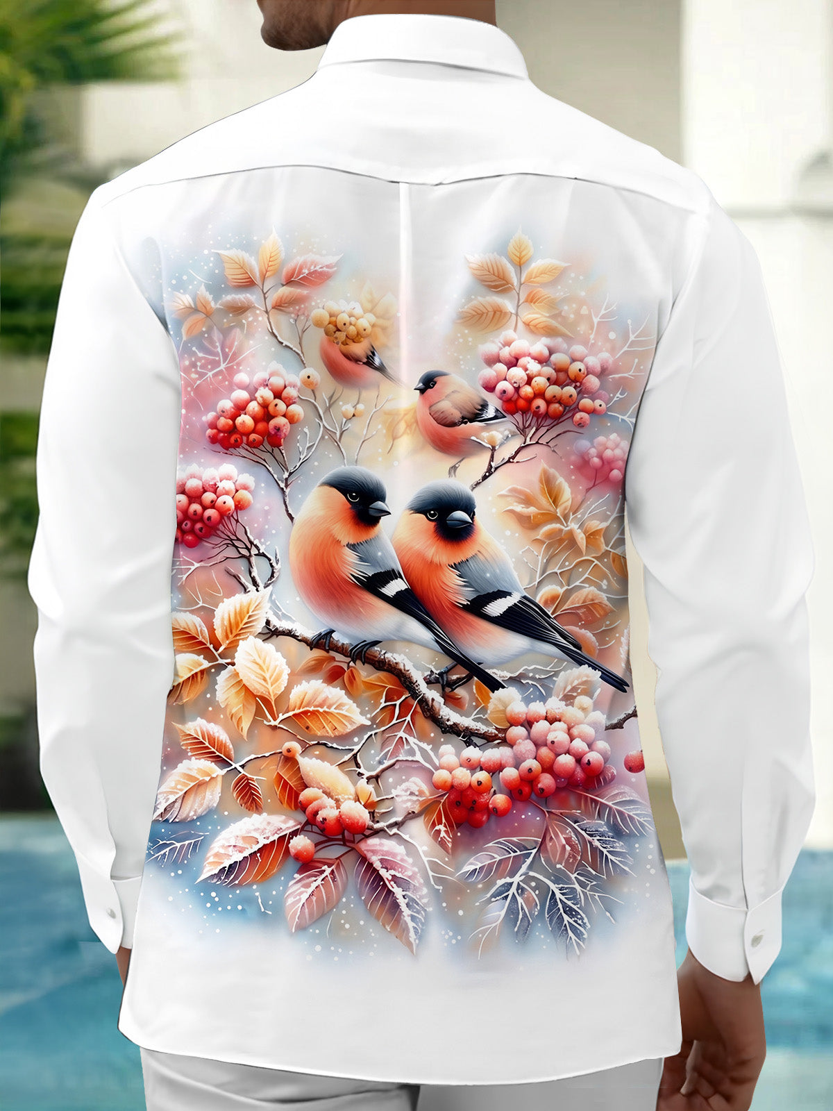 Adaychic Men's Printed Winter Birds Print Long Sleeve Shirt with Chest Pocket