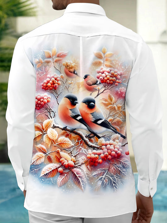 Adaychic Men's Printed Winter Birds Print Long Sleeve Shirt with Chest Pocket