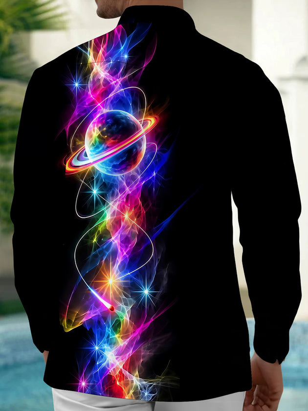 Adaychic Men's Colorful Planet With Rings And Nebula Print Long Sleeve Shirt with Chest Pocket