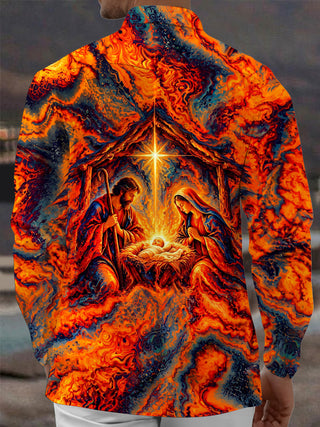 Adaychic Men's Long Sleeve Shirt - Nativity Scene With Holy Family And Star Of Bethlehem Print with Chest Pocket
