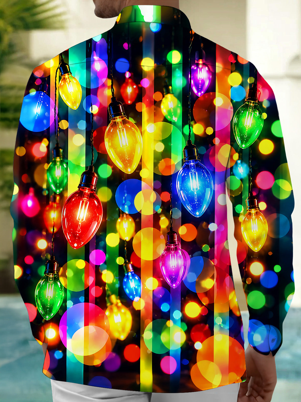 Adaychic Men's Printed Colorful Christmas Light Bulbs Print Long Sleeve Shirt with Chest Pocket