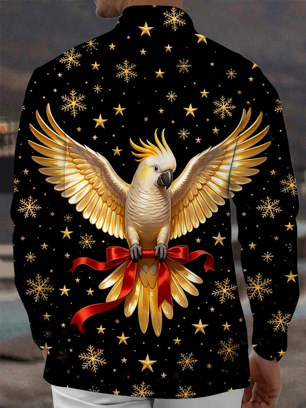 Adaychic Men's Christmas Golden Parrot With Red Ribbon Print Long Sleeve Shirt with Chest Pocket