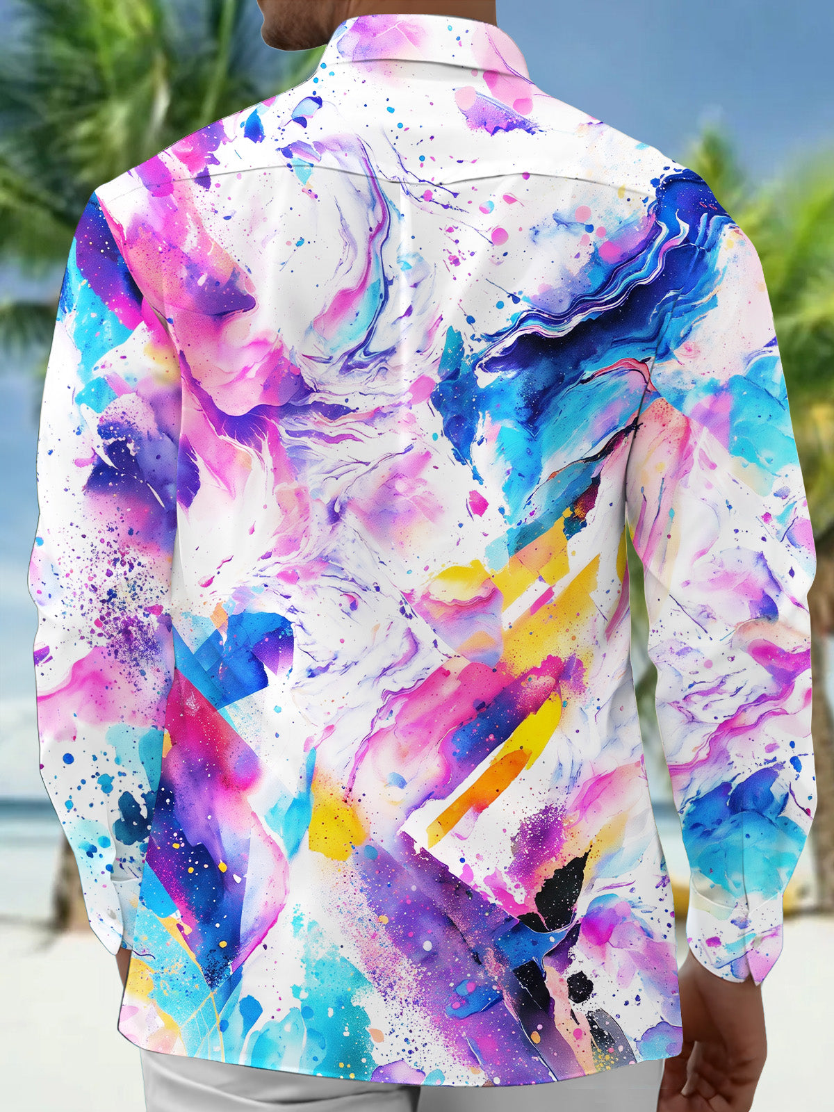 Adaychic Men's Abstract Watercolor Splashes And Swirls Print Long Sleeve Shirt with Chest Pocket