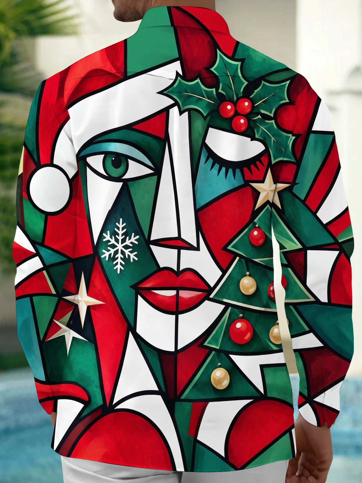 Adaychic Men's Long Sleeve Shirt - Abstract Geometric Face With Christmas Elements Print with Chest Pocket
