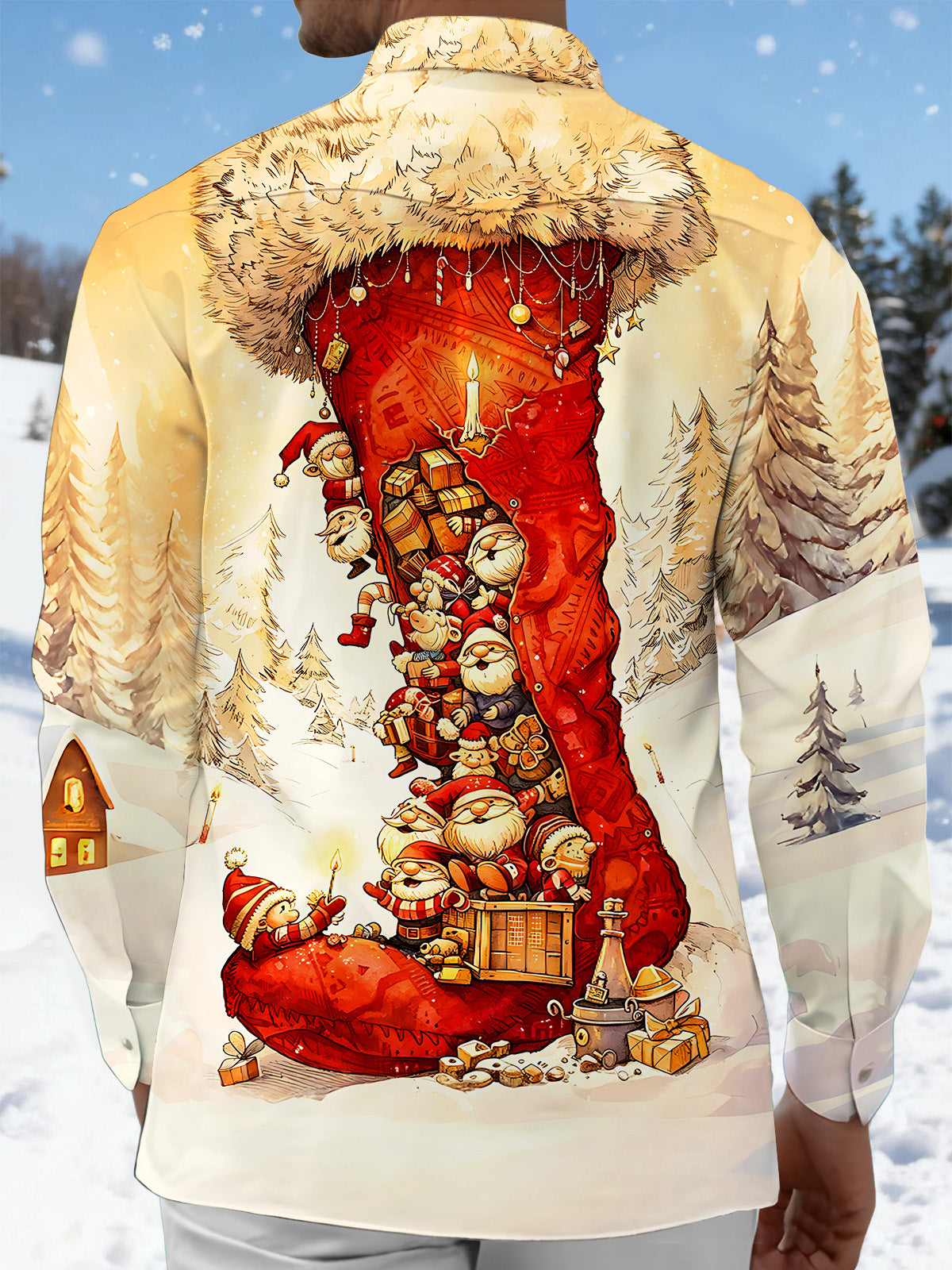 Adaychic Men's Graphic Christmas Stocking Print Long Sleeve Shirt with Chest Pocket