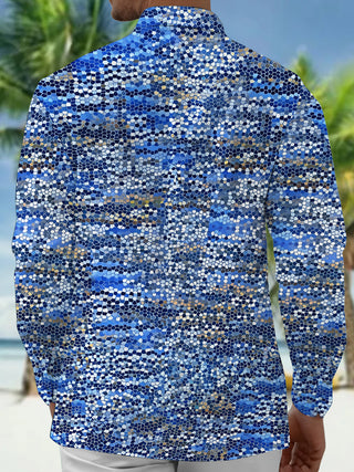 Adaychic Men's Patterned Mosaic Tile Pattern Long Sleeve Shirt with Chest Pocket