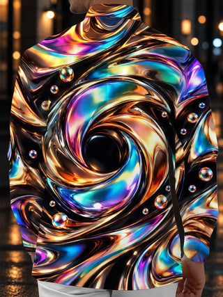 Adaychic Men's Long Sleeve Shirt - Abstract 3D Swirling Metallic Liquid And Spheres Print with Chest Pocket