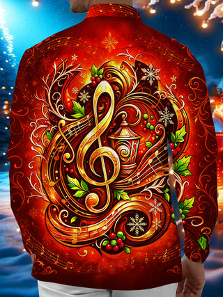 Adaychic Men's Long Sleeve Shirt - Christmas Treble Clef And Musical Notes With Holly And Snowflakes Print with Chest Pocket