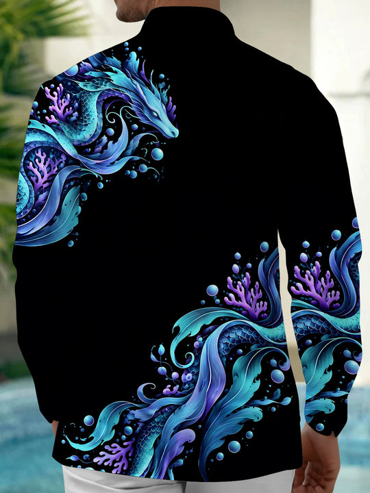 Adaychic Men's Hawaiian Dragon And Ocean Waves Print Long Sleeve Shirt with Chest Pocket