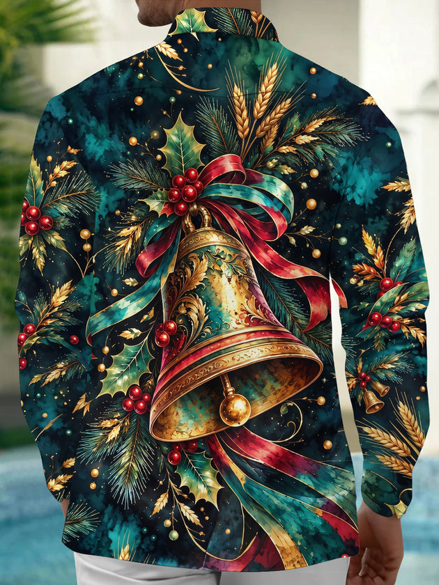 Adaychic Men's Hawaiian Christmas Bells And Holly Print Long Sleeve Shirt with Chest Pocket