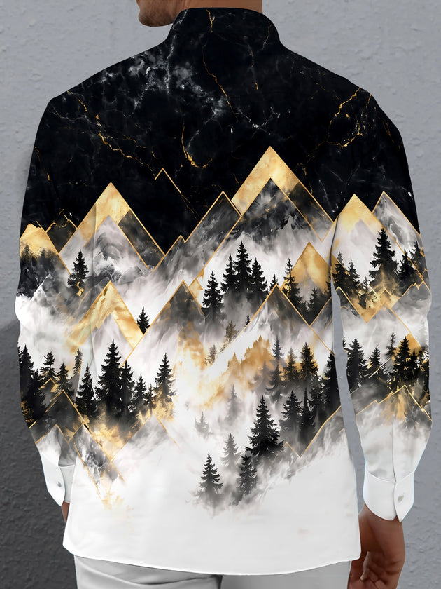 Adaychic Men's Geometric Mountains And Forest Trees Print Long Sleeve Shirt with Chest Pocket