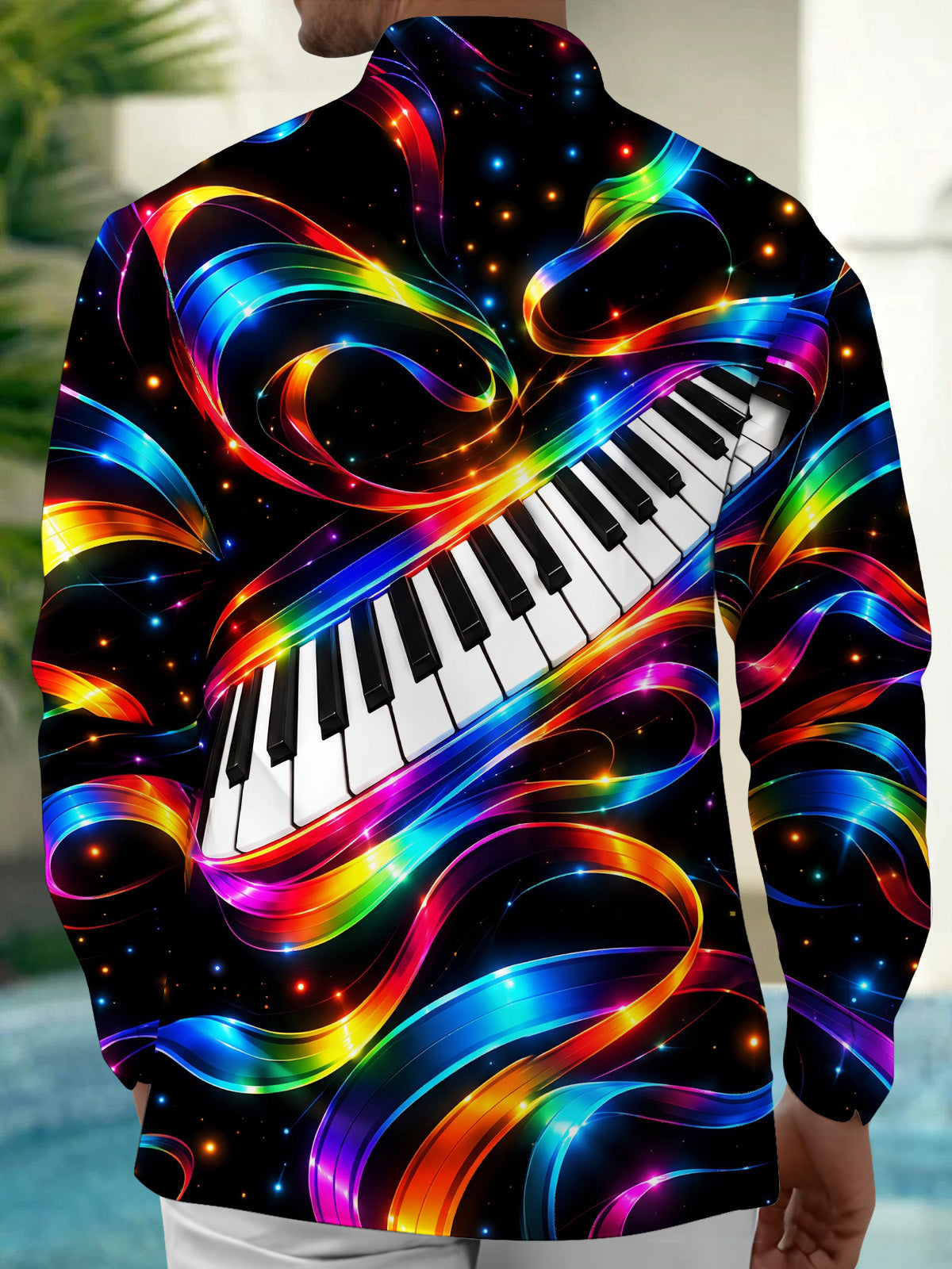 Adaychic Men's Long Sleeve Shirt - Neon Piano Keyboard And Rainbow Light Waves Print with Chest Pocket