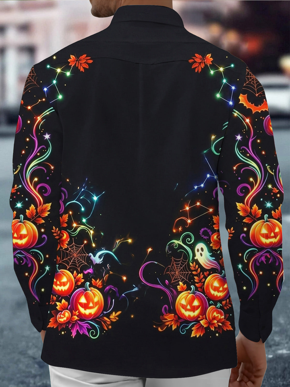 Adaychic Men's Halloween Jack-o-lanterns And Ghosts Print Long Sleeve Shirt with Chest Pocket