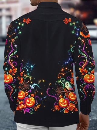Adaychic Men's Halloween Jack-o-lanterns And Ghosts Print Long Sleeve Shirt with Chest Pocket