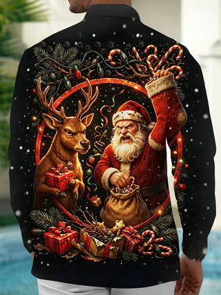 Adaychic Men's Long Sleeve Shirt - Angry Santa Claus And Reindeer With Gifts Print with Chest Pocket