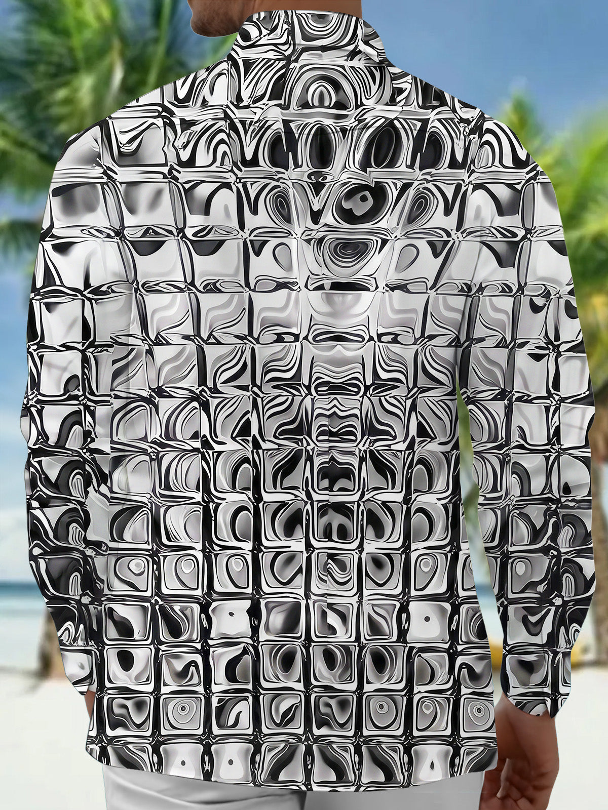 Adaychic Men's Patterned Distorted Liquid Squares Print Long Sleeve Shirt with Chest Pocket