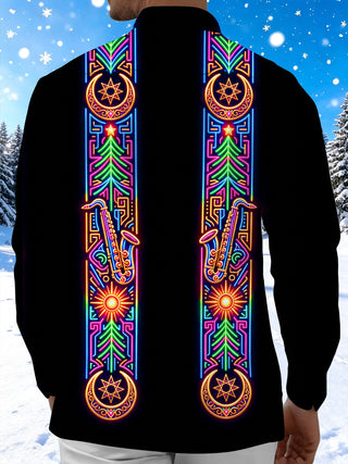 Adaychic Men's Neon Saxophone And Christmas Tree Motif Print Long Sleeve Shirt with Chest Pocket