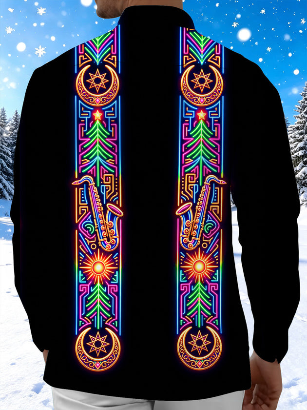 Adaychic Men's Neon Saxophone And Christmas Tree Motif Print Long Sleeve Shirt with Chest Pocket