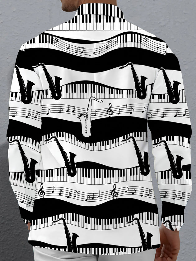 Adaychic Men's Graphic Piano Keys And Musical Notes Print Long Sleeve Shirt with Chest Pocket