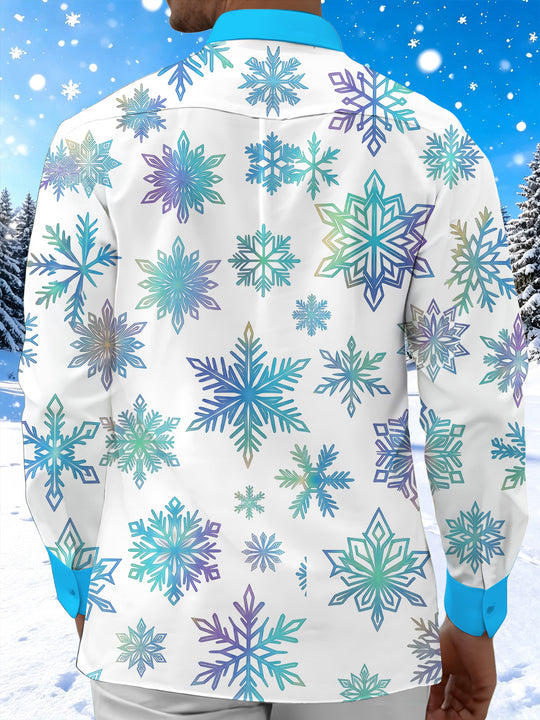 Adaychic Men's Printed Snowflake Pattern Long Sleeve Shirt with Chest Pocket